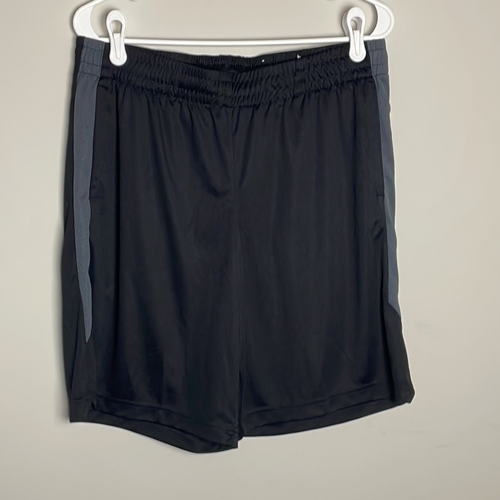 Tek Gear Mens Dry Tek Black shorts- Gray stripes- Front pockets-drawstring- L